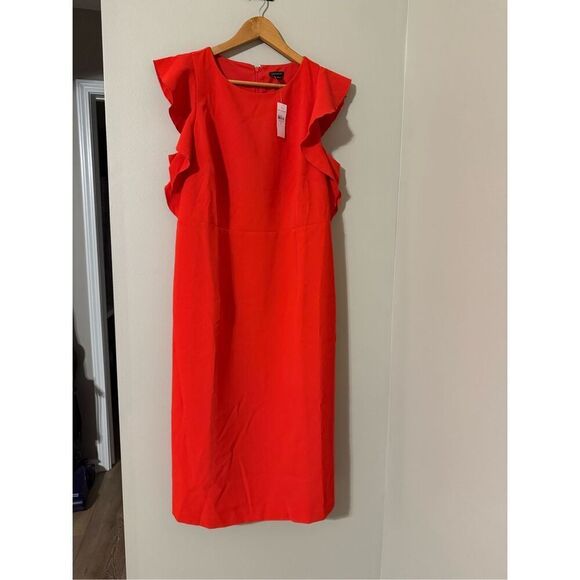 Ann Taylor Size 12 Ruffle Shoulder Sheath Dress Bright Red Career Cocktail NWT - Picture 2 of 9